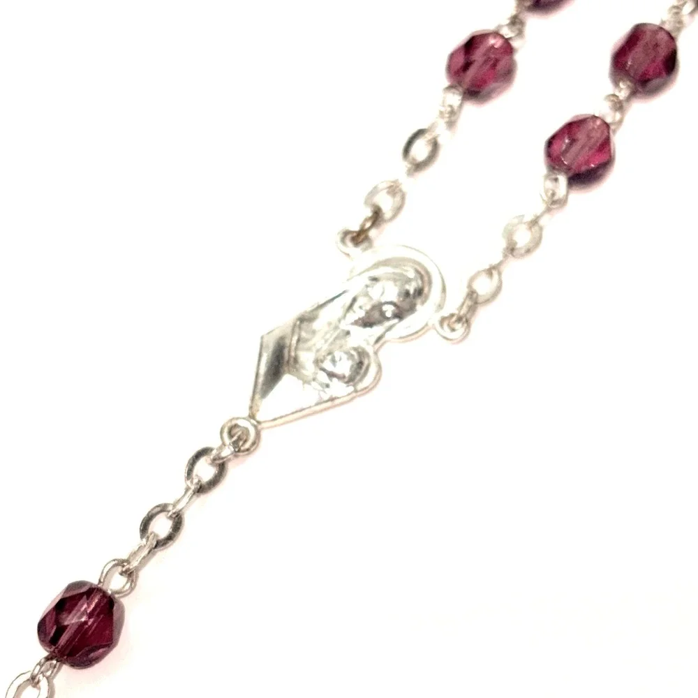 Purple Amethyst Faceted Glass Bead Rosary Silver Tone Crucifix Virgin Mary 18.5